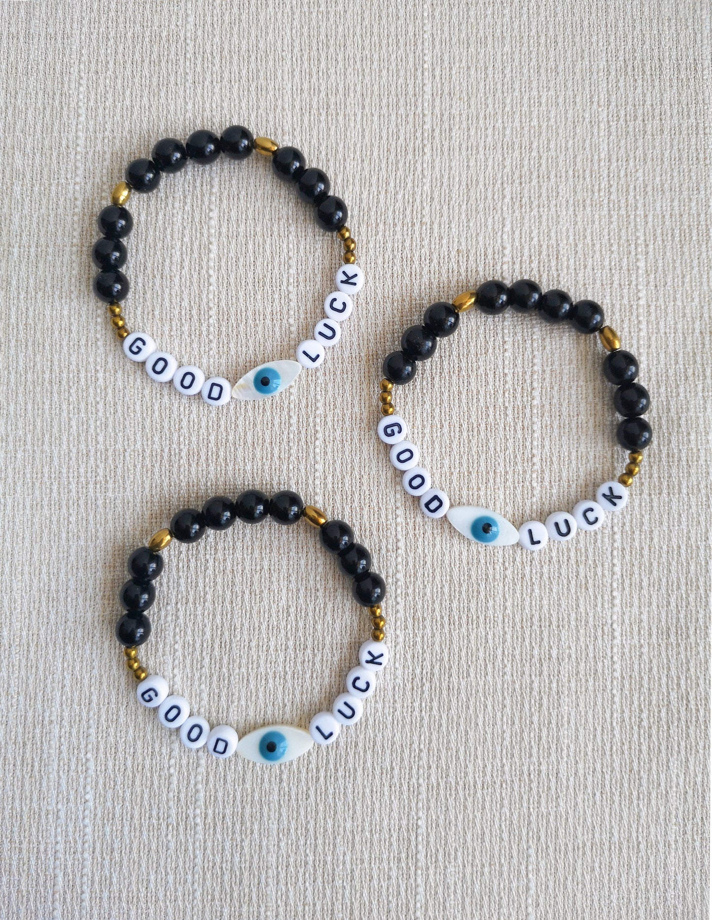 pulsera de la suerte, GOOD LUCK, pulsera de letras, ojo protector, evil eye