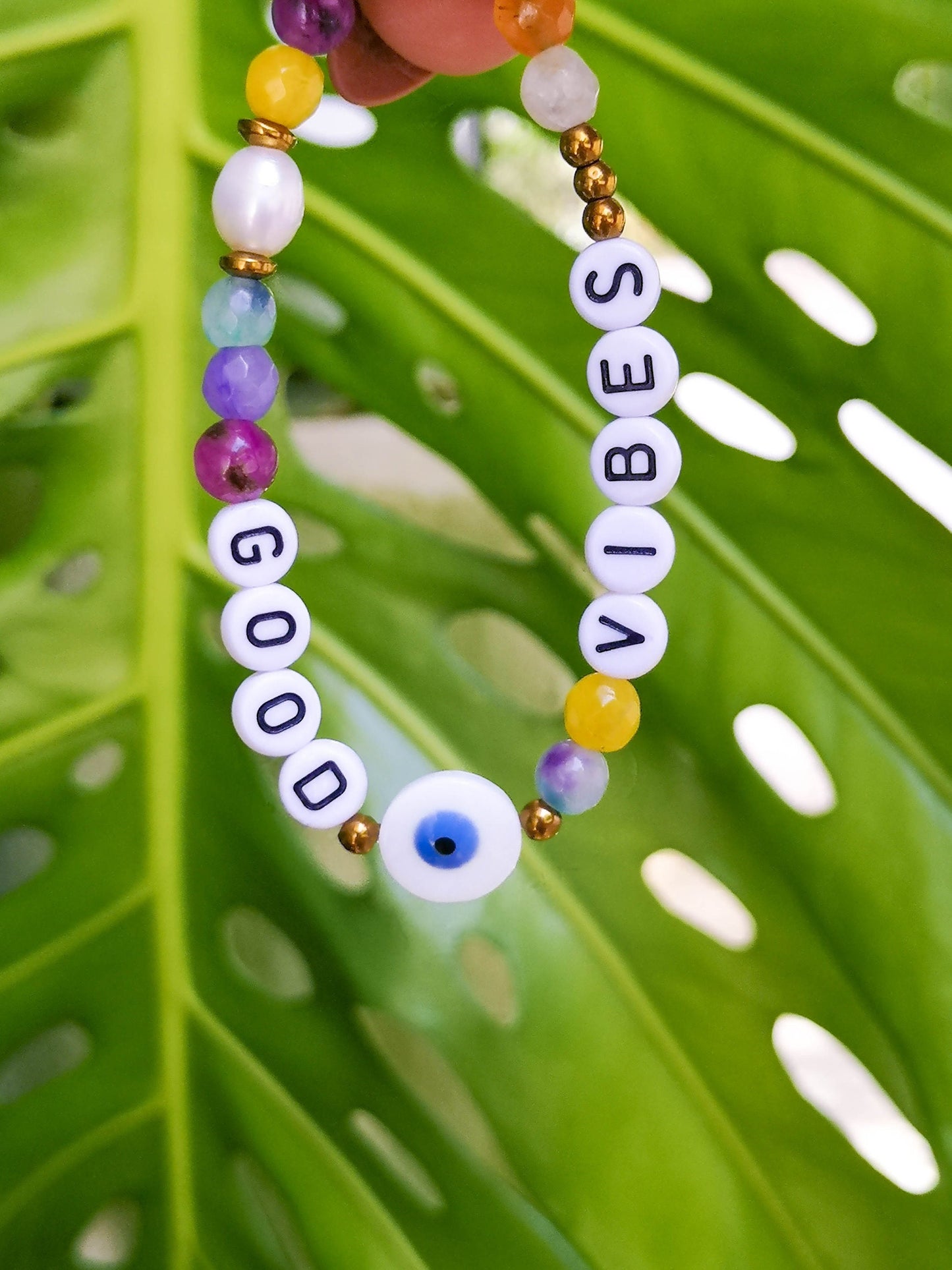 GOOD VIBES, pulsera verano, piedra natural, perla