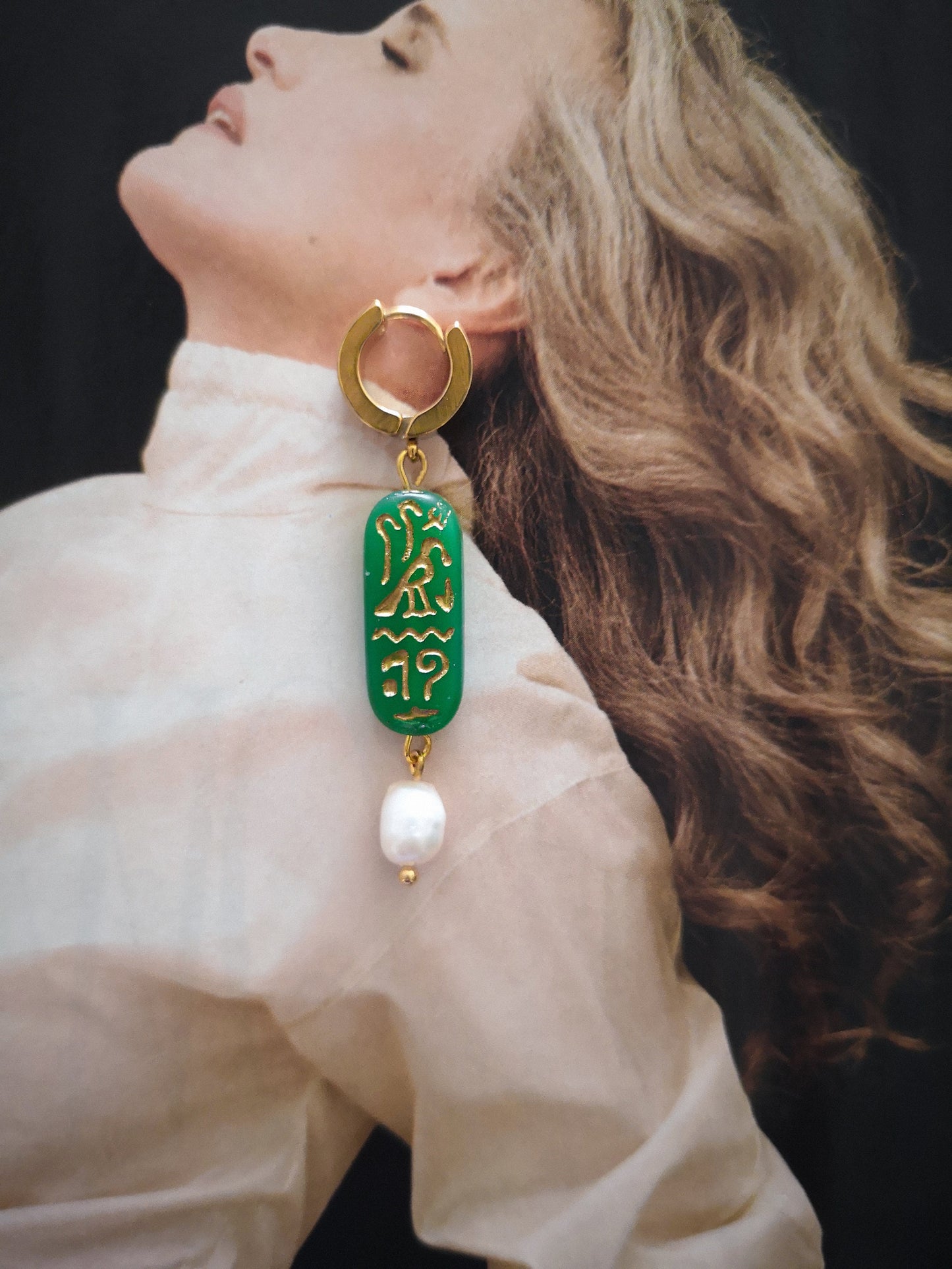 pendientes CLEOPATRA, jeroglíficos, elegantes, verdes.