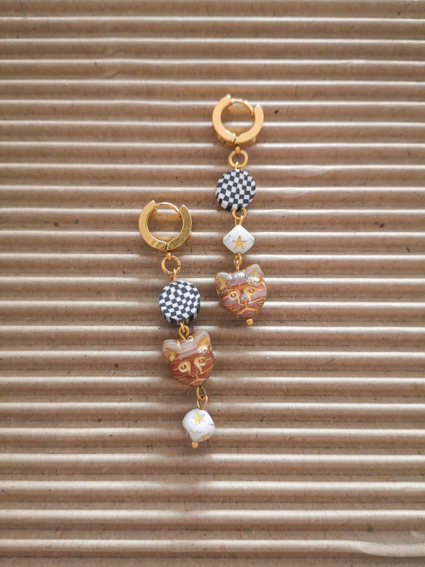 pendientes gato, damero, SESHAT, pendientes de cristal