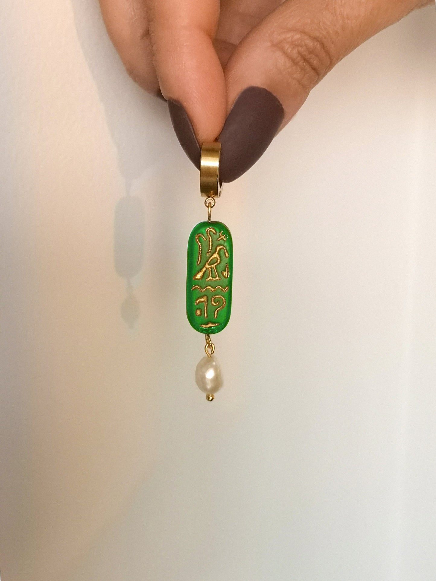 pendientes CLEOPATRA, jeroglíficos, elegantes, verdes.