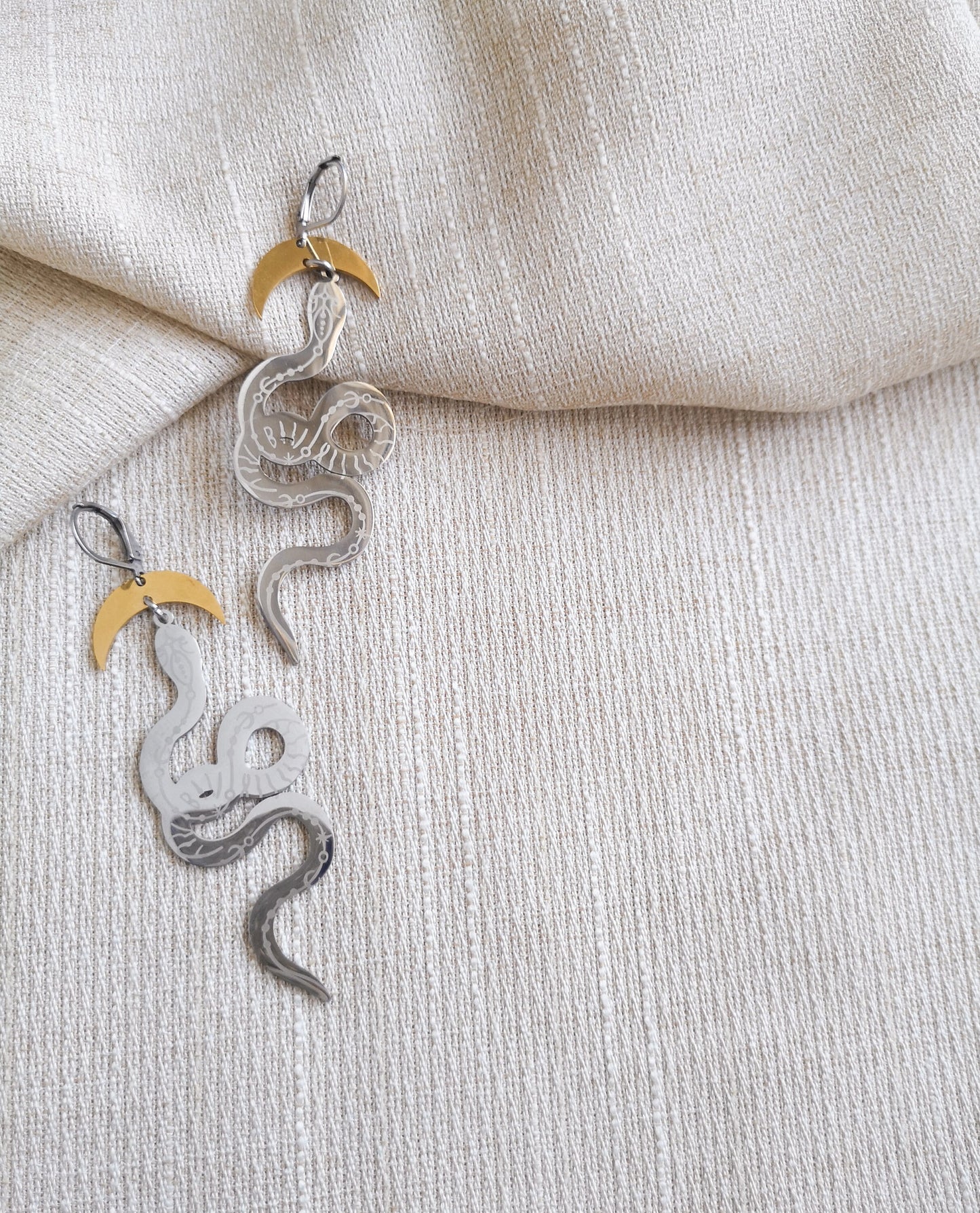 pendientes serpiente, THE SNAKE, pendientes de acero inóxidable, luna