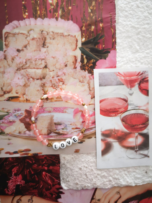 pulsera de cuarzo rosa, pulsera de AMOR, LOVE, amor propio, self love