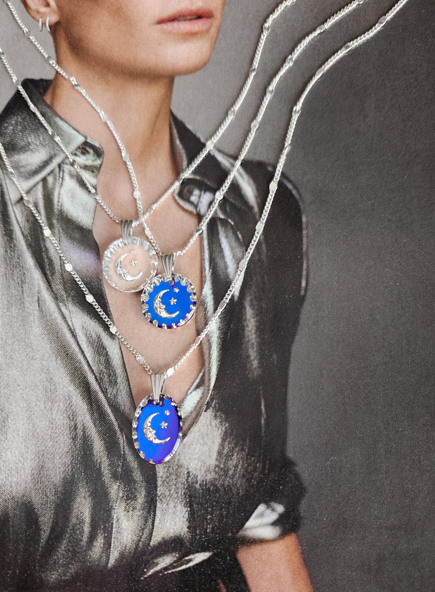 Collar luna, MIDNIGHT MOON, azul, plata, vintage