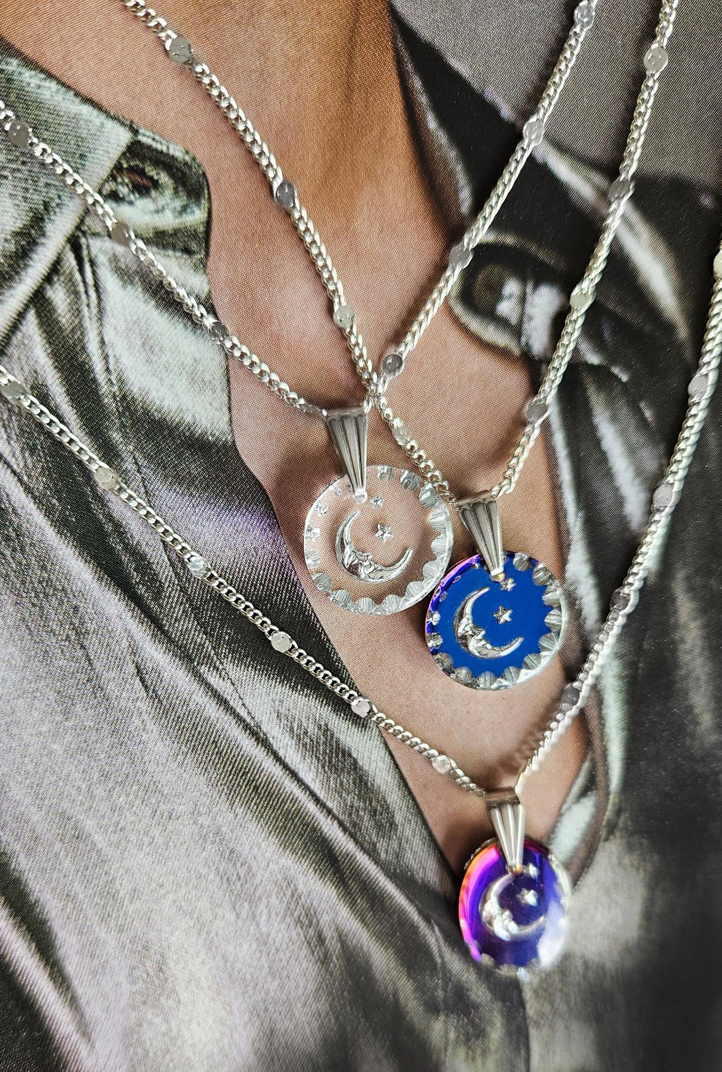 Collar luna, MIDNIGHT MOON, azul, plata, vintage