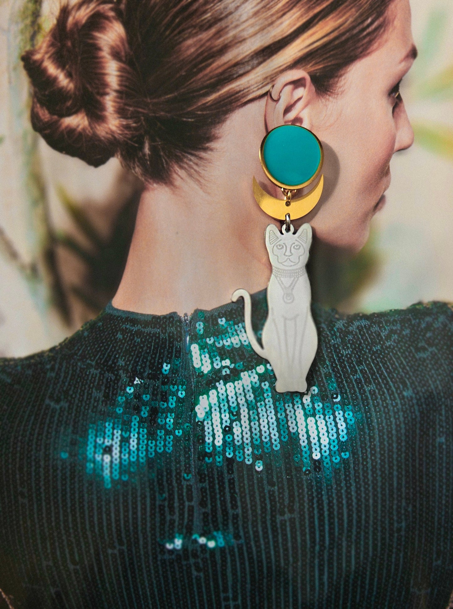pendientes de gato, BASTET, pendientes Diosa egipcia, pendientes gato acero inóxidable, turquesa