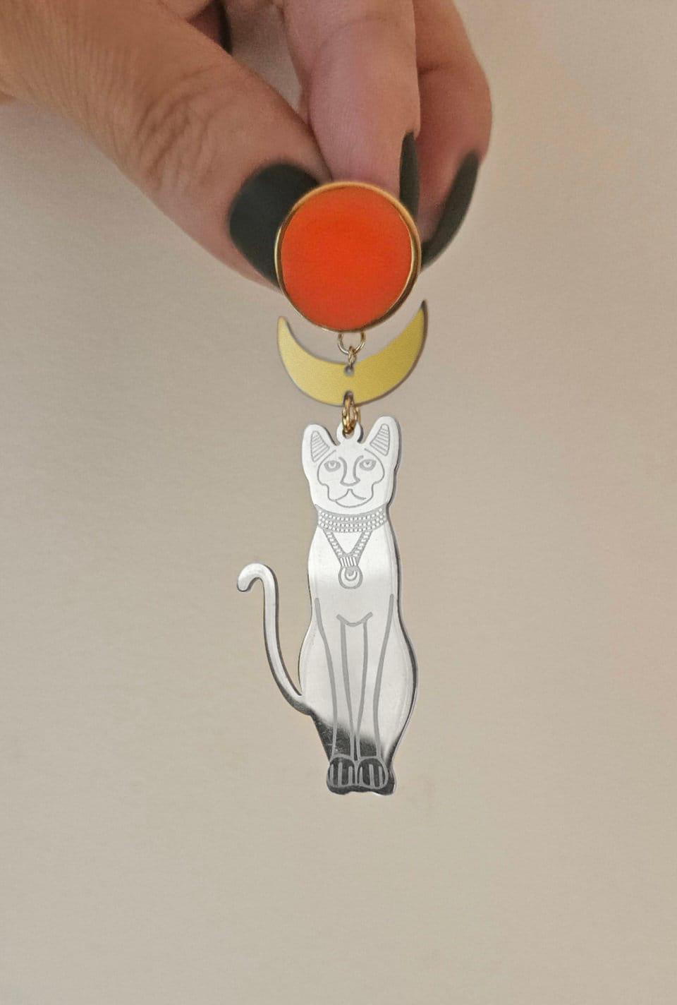 pendientes de gato, BASTET, pendientes Diosa egipcia, pendientes gato acero inóxidable, naranja