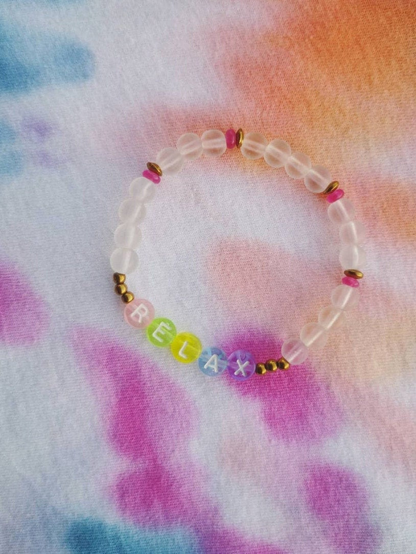 RELAX pulsera de letras, cristal mate, transparente, ágata, summer vibes