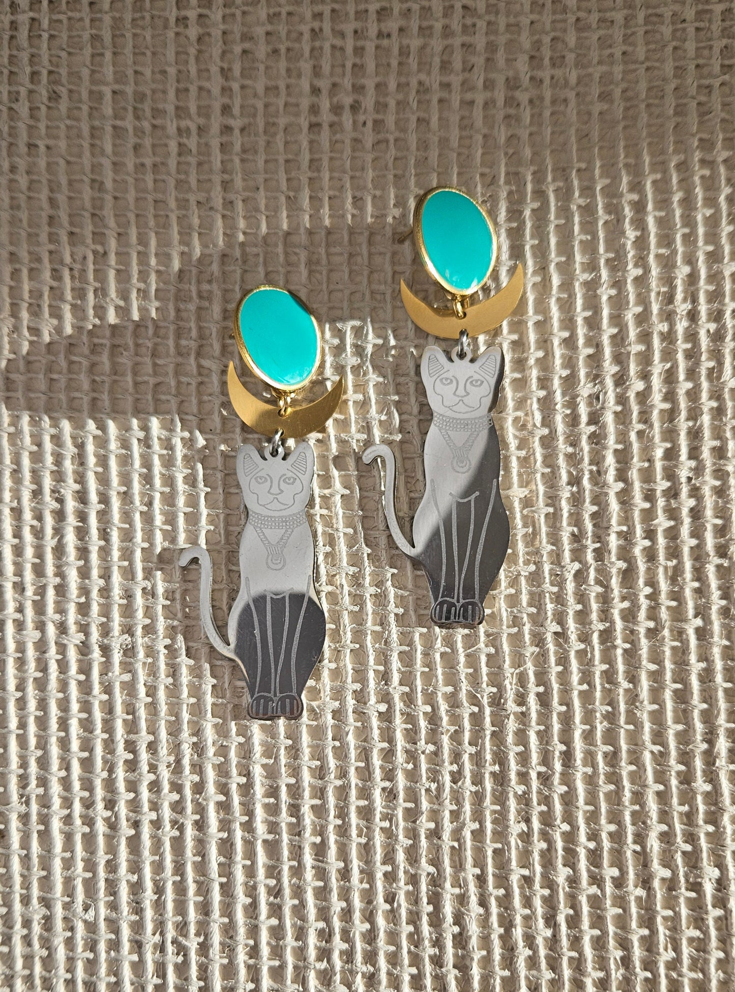 pendientes de gato, BASTET, pendientes Diosa egipcia, pendientes gato acero inóxidable, turquesa