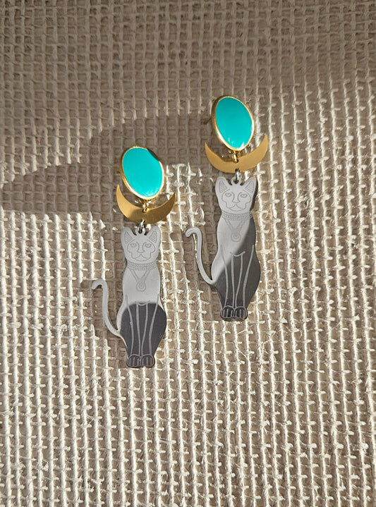 pendientes de gato, BASTET, pendientes Diosa egipcia, pendientes gato acero inóxidable, turquesa