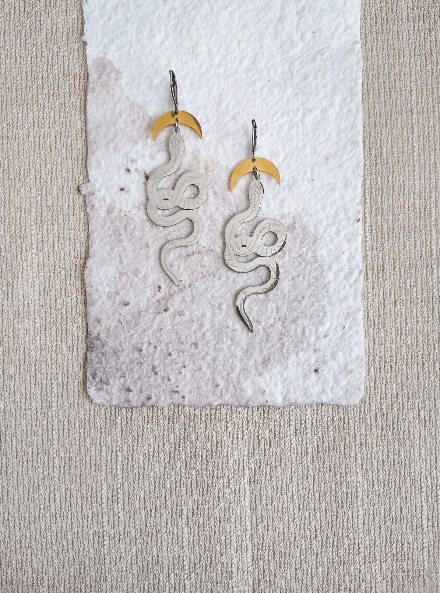 pendientes serpiente, THE SNAKE, pendientes de acero inóxidable, luna