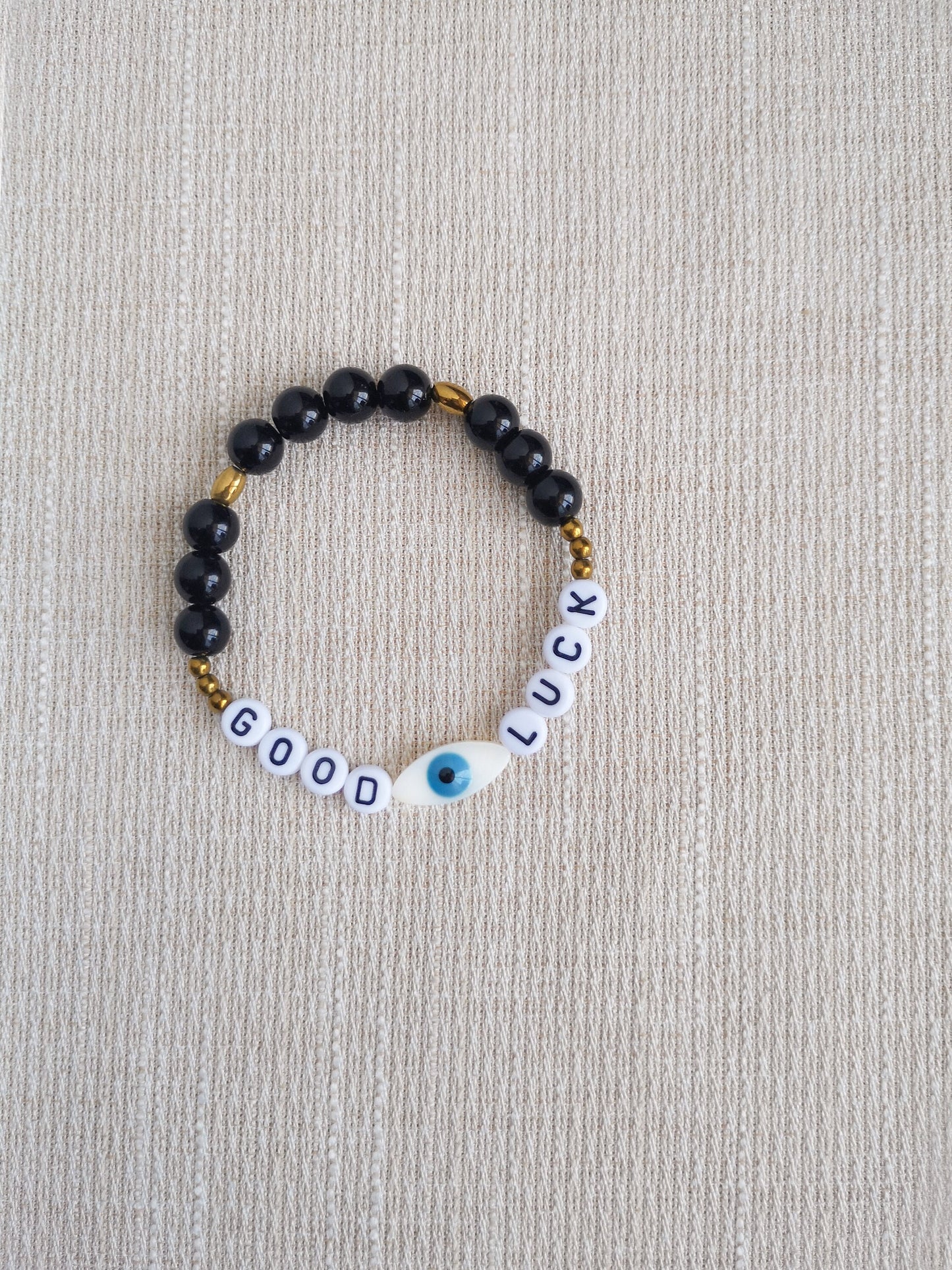 pulsera de la suerte, GOOD LUCK, pulsera de letras, ojo protector, evil eye