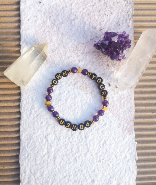 Pulsera de amatista, con mensaje, OWN YOUR POWER, piedra natural