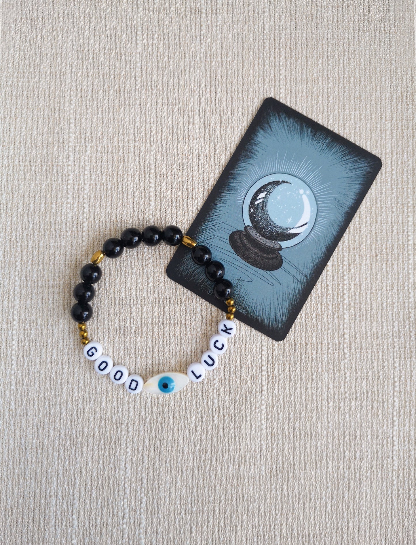 pulsera de la suerte, GOOD LUCK, pulsera de letras, ojo protector, evil eye